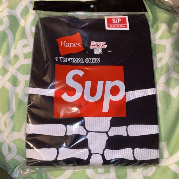 NEW Supreme Hanes Bones Thermal Crew Neck Top Size Small Black - Picture 3 of 5